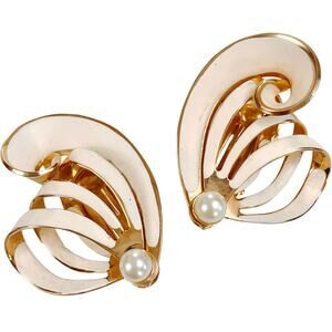VTG 1980s Clip On Earrings Gold Tone White Enamel Pearl Retro Revival Sculptural
